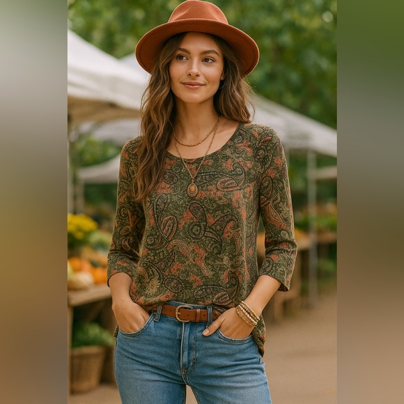 Women’s Paisley Boho Style Blouse Farmer’s Market by ONE WORLD 3/4 Sleeve PXL - Picture 1 of 4